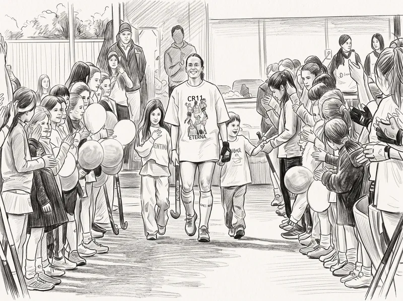 Carla Rebecchi ingresa a la cancha junto a sus hijos, rodeada de las chicas de las divisiones del club